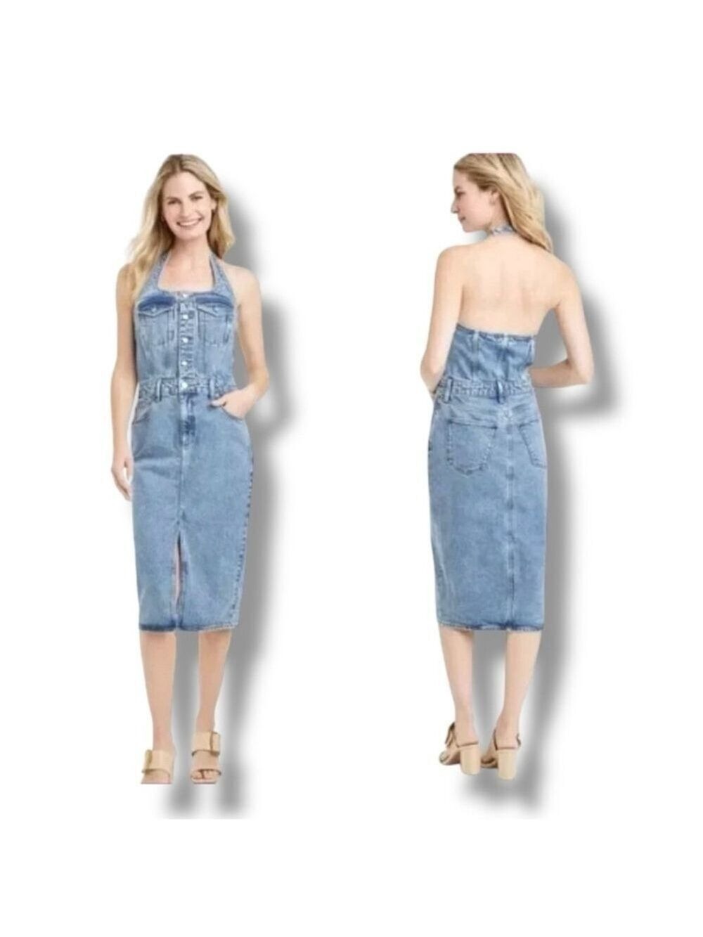 Women's Halter Denim Midi Dress Universal Thread Medium Wash Size 0 Open Back